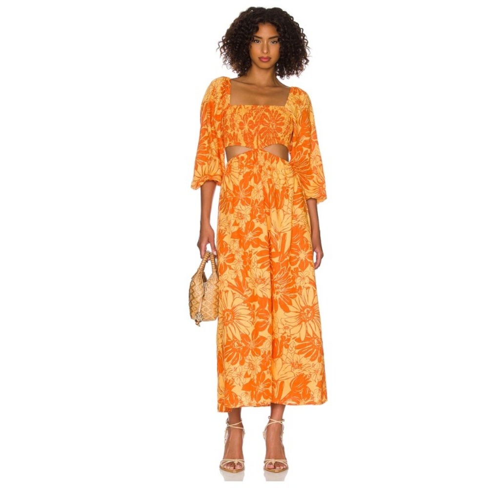 Faithfull the Brand Nadiva Midi Dress in Zani Floral‎ Print Orange Linen Small